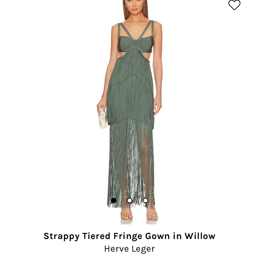 NWT Herve Leger Strappy Tiered Fringe Gown in Willow